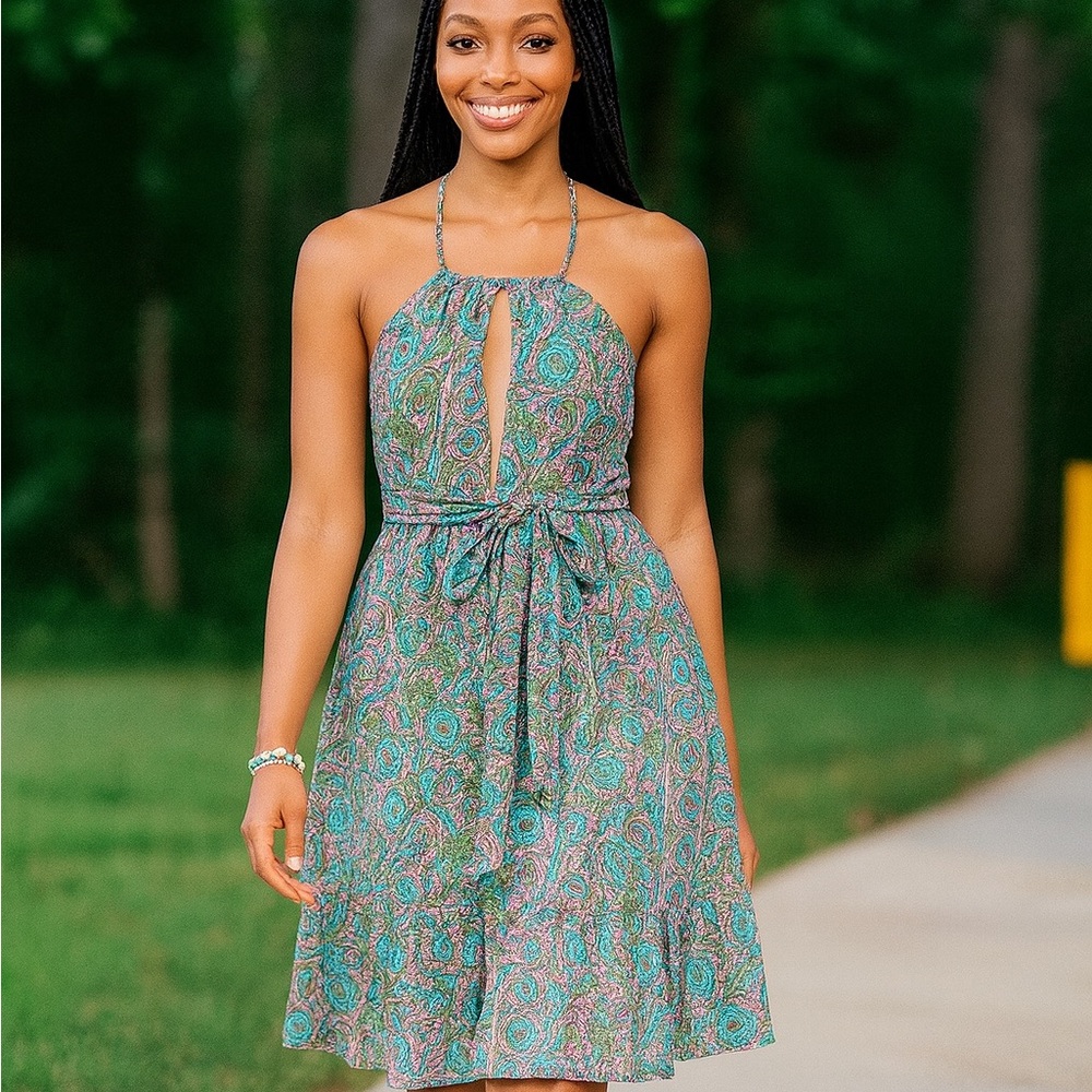 Karma Highway- Green Paisley Halter Apron Dress. Size Small.